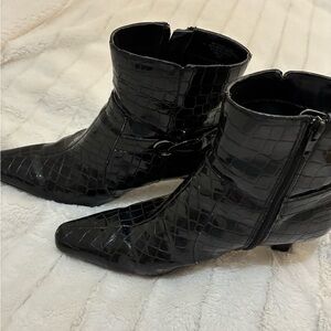 Anne Klein Black Croc-Pattern Ankle Booties